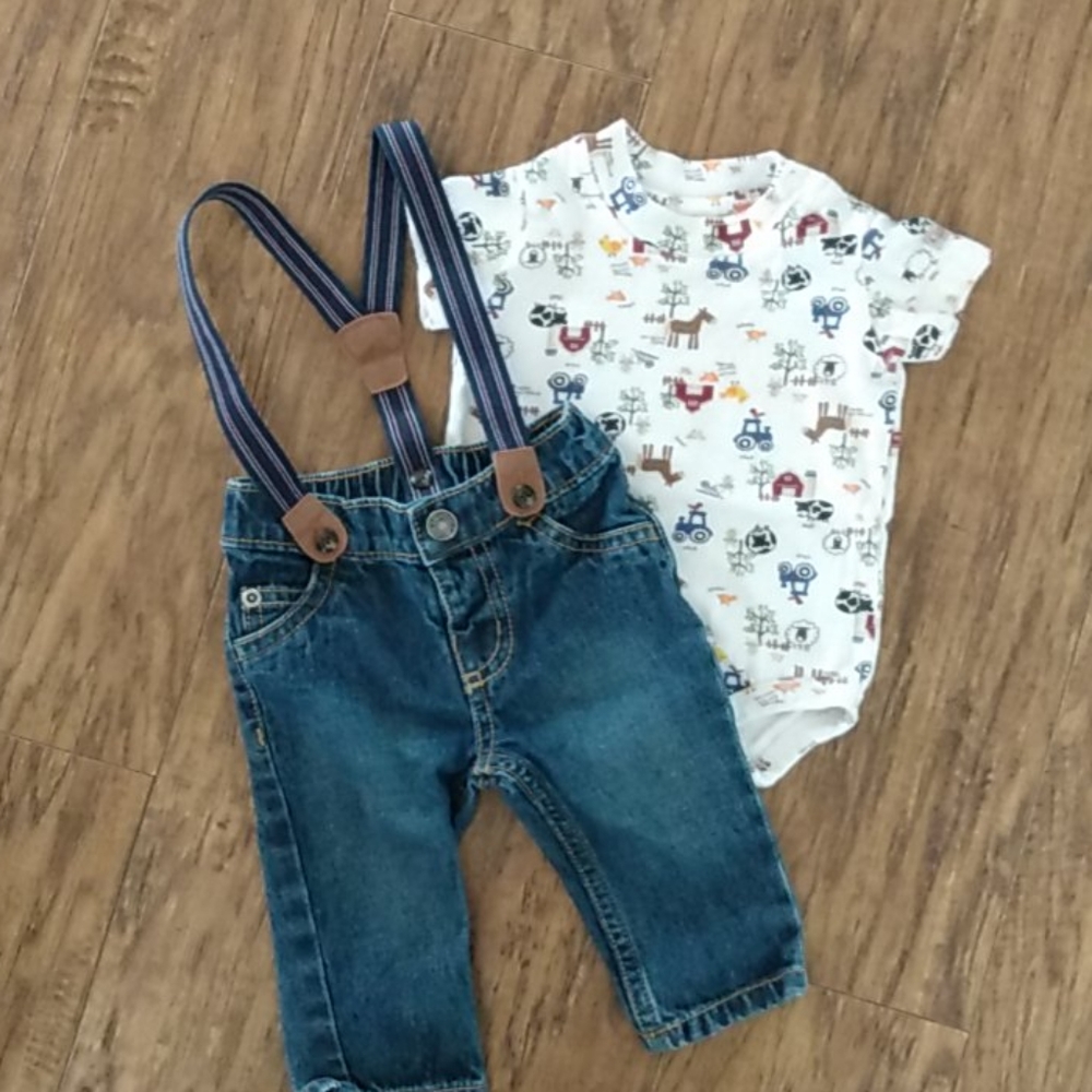 Carhartt farm bodysuit Carter's jeans suspenders